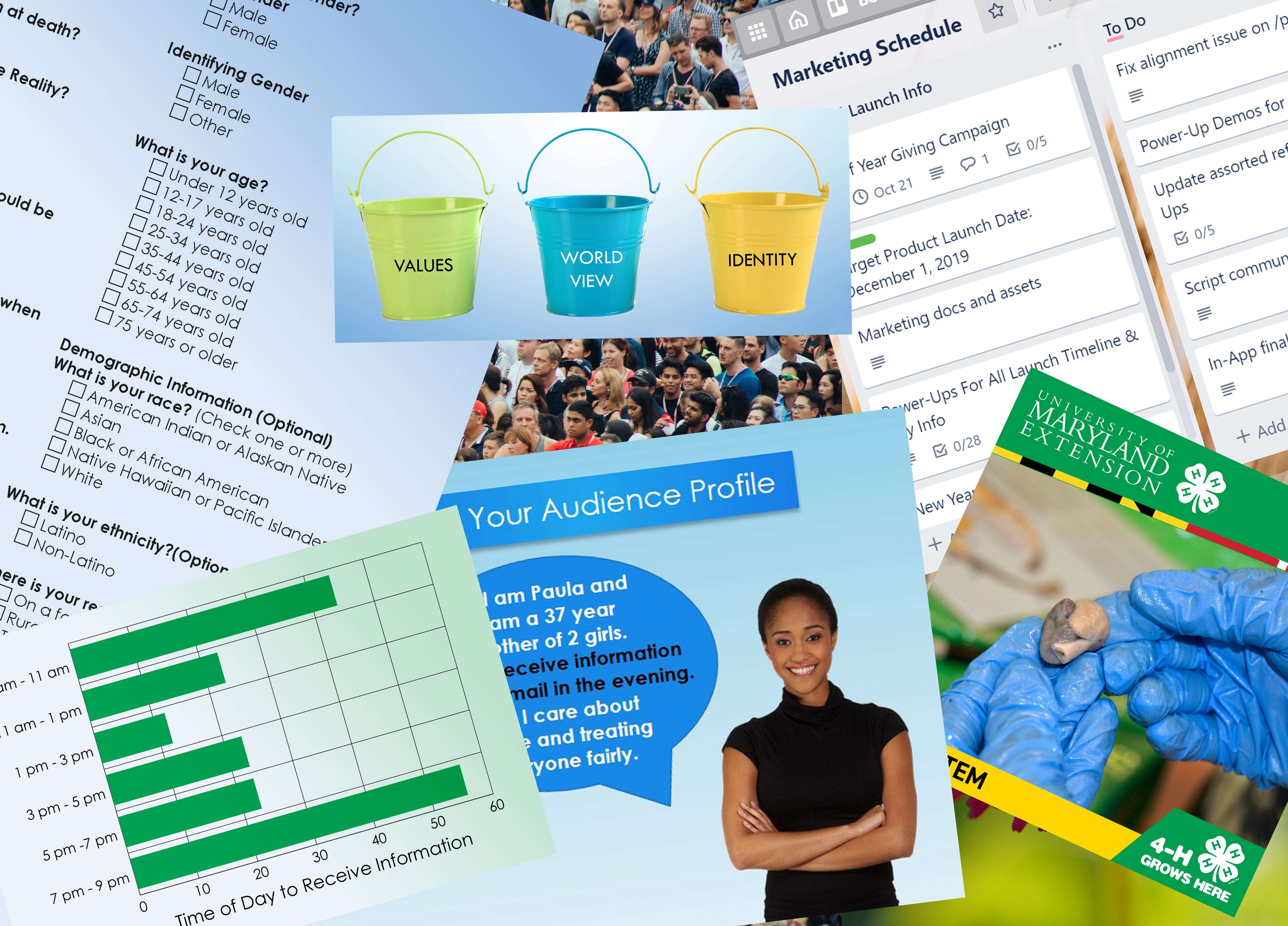 Charts, lists, three buckets, lady and hands and heart