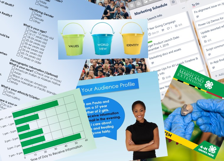 Charts, lists, three buckets, lady and hands and heart